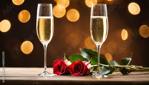 Two champagne glasses and roses for Valentine's Day - bokeh lights background
