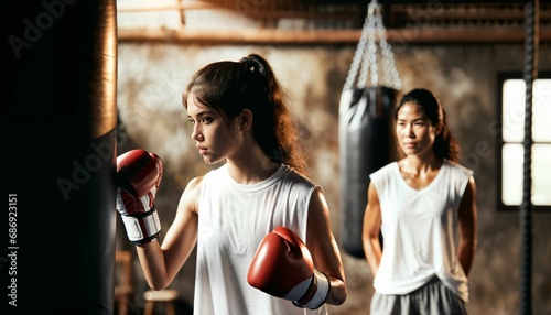 Teenage female boxer training with coach - athletic, boxing practice