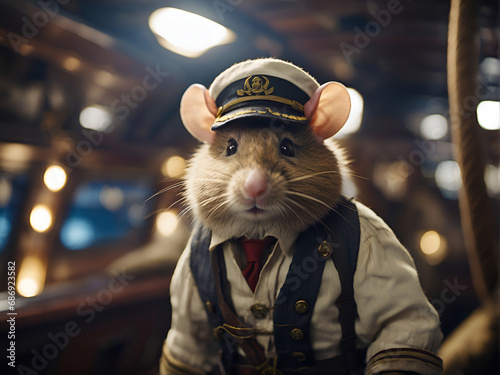 Un raton vestido de capitan marino de un  barco photo
