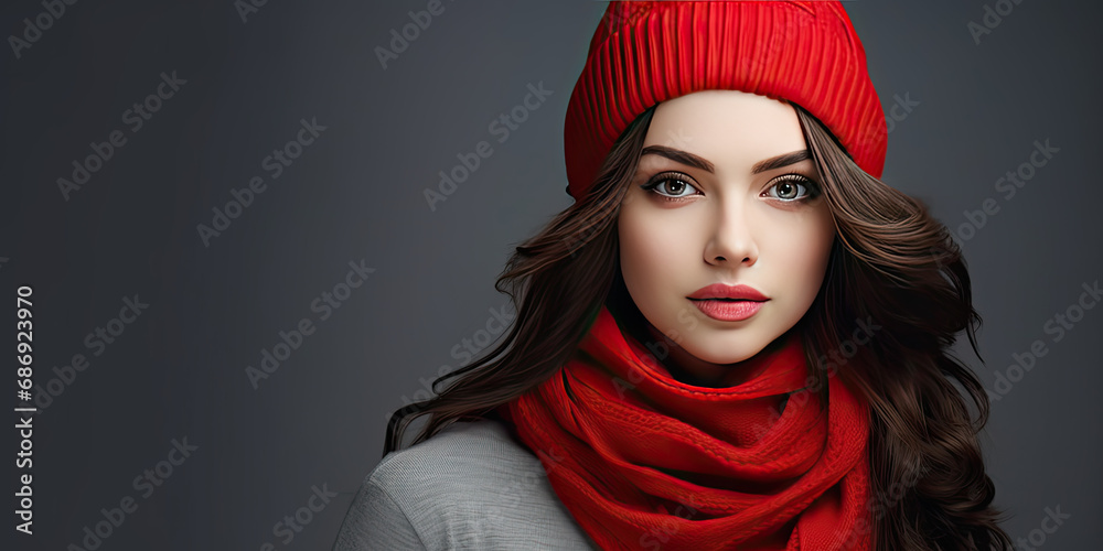 Beautiful Young Woman with santa Hat and Scarf with Copy Space on a Grey Background