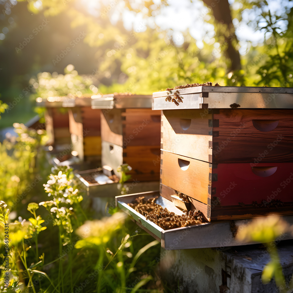 Bee boxes in a backyard garden Bee boxes in a backyard garden