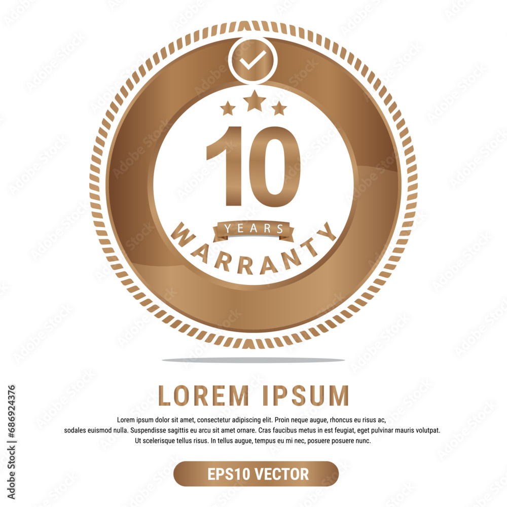 10 Year warranty vector art illustration in gold color with fantastic font and white background. Eps10 Vector