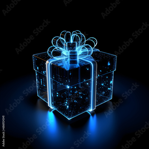 Blue electric digital Christmas present with a black background 