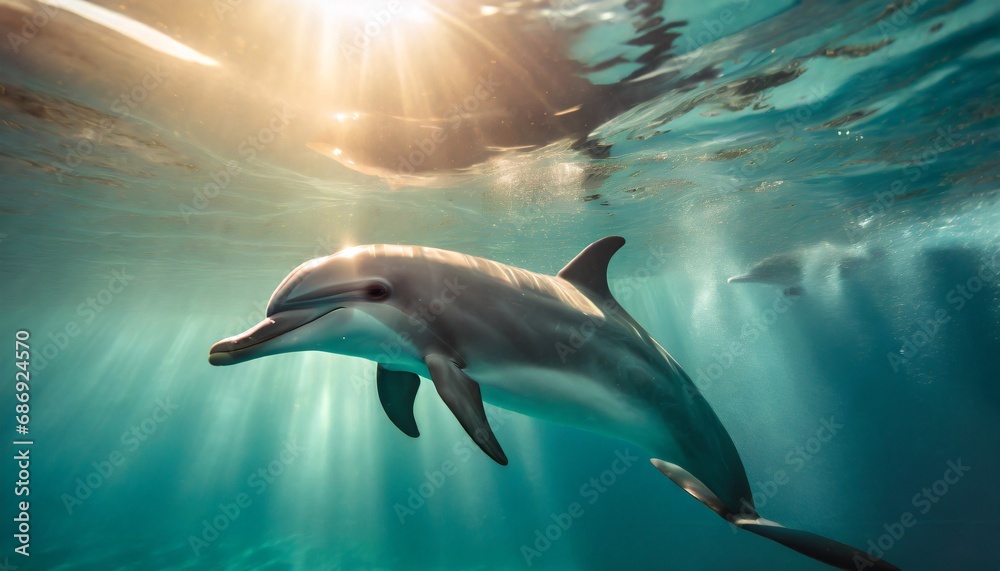 Delfines nadando en aguas tropicales. Imagenes bajo el agua - obrazy, fototapety, plakaty 