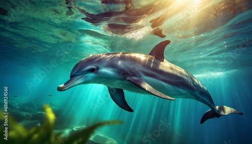 Delfines nadando en aguas tropicales. Imagenes bajo el agua photo