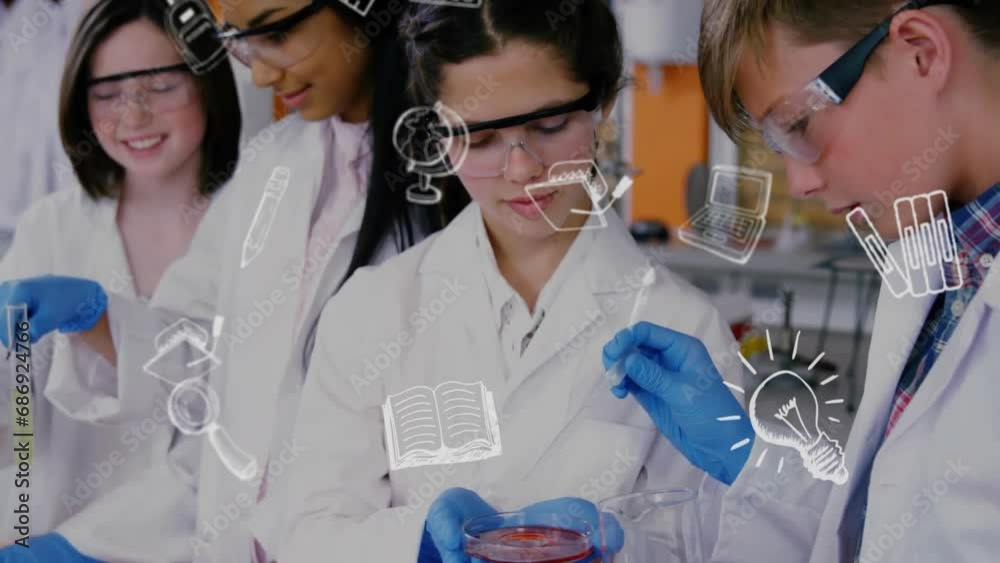 Animation of education school icons over diverse school children in laboratory Animation of education school icons over diverse school children in laboratory