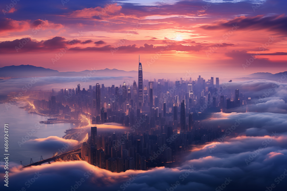 Naklejka premium A long distance photography about sea of clouds with Modern city skyscrapers,bird-eye view, blue hours ...