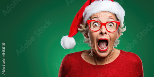 shocked senior woman with santa hat