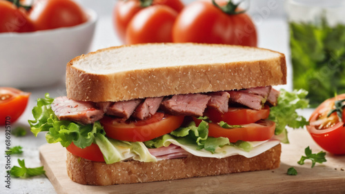 A delicious sandwich with meat, tomatoes and lettuce, fast food, white background, isolated,