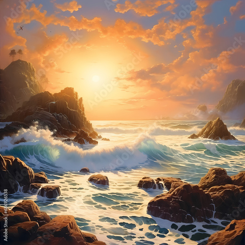 a simple seascape with a rocky shore and crashing waves