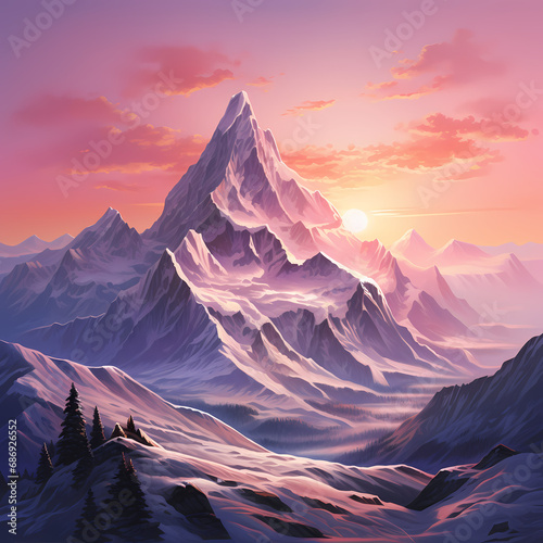 a snowy mountain peak at sunrise with a soft, pink glow