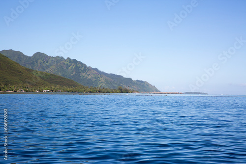 Blue ocean and tropical mountains in Tahiti 