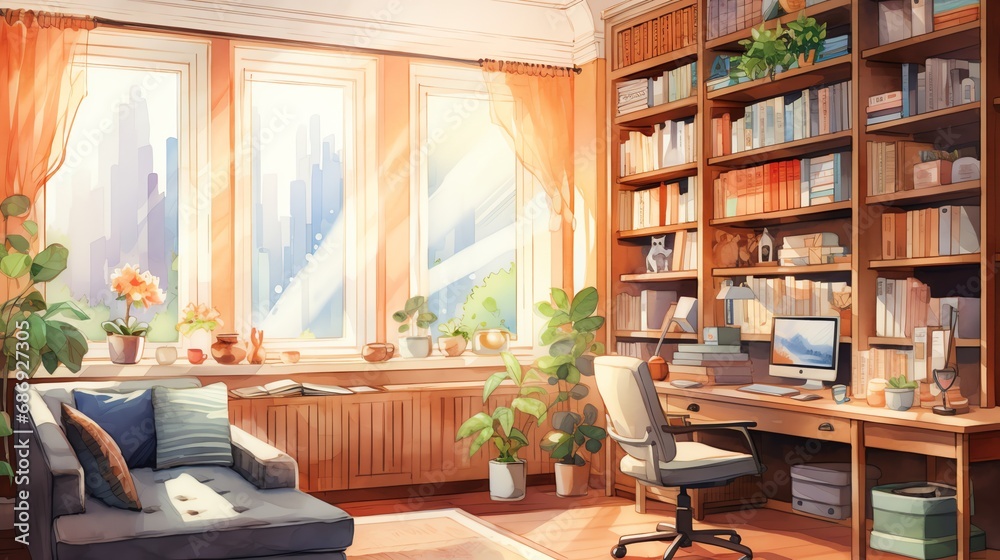 watercolor illustration of a cozy warm home office reading corner with a big window and bookshelf