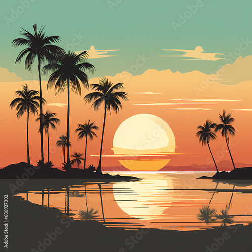 a minimalist coastal scene with a row of palm trees and a sunset © Cao