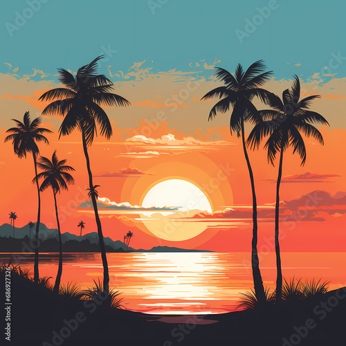 a minimalist coastal scene with a row of palm trees and a sunset