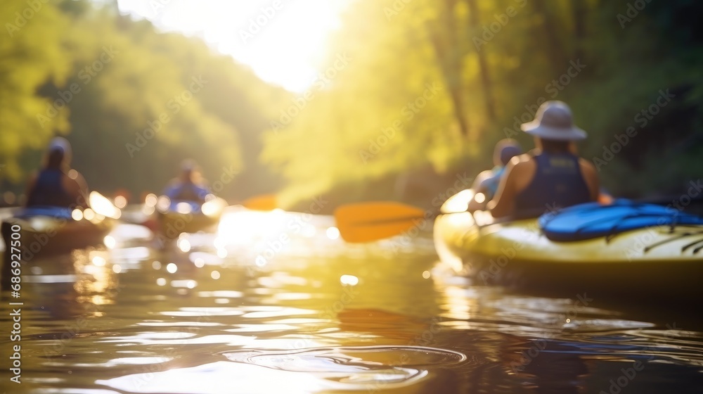 group of kayakers paddling down a tranquil river on a mild spring afternoon, with the focus on the kayaks and the blurred river scenery, portraying the serenity of kayaking in spring - obrazy, fototapety, plakaty 