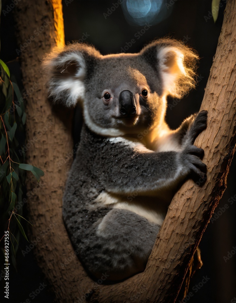 Fototapeta premium Koala sentado en un tronco de árbol, en un bosque de Australia