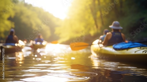  group of kayakers paddling down a tranquil river on a mild spring afternoon, with the focus on the kayaks and the blurred river scenery, portraying the serenity of kayaking in spring © Daunhijauxx