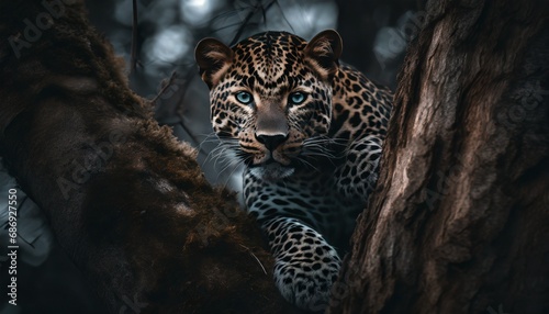 Leopardo posado en árbol de un bosque. Iluminado con luz natural. Tiene mirada penetrante