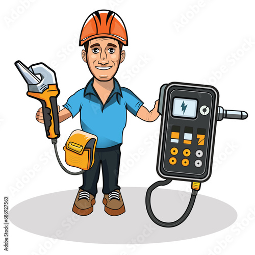 Electrician cable man cartoon. Working electrician with tools.