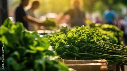 market vendor arranging bundles of arugula and kale at a spring farmers' market, with the focus on the leafy greens and the blurred market activity, showcasing the bustling market scene 