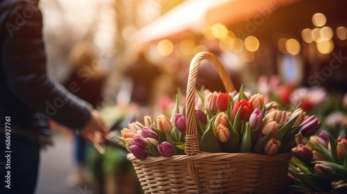  market vendor carefully arranging tulip bouquets in woven baskets at a spring flower market, with the focus on the tulips and the blurred market activity, illustrating the bustling market scene
