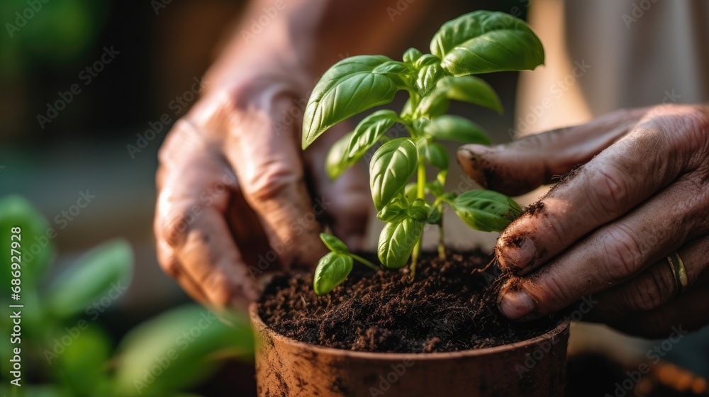 pair of hands gently placing a basil seedling into a pot of rich soil, with the focus on the delicate plant and the blurred garden backdrop, symbolizing the beginning of herb cultivation pair of hands gently placing a basil seedling into a pot of rich soil, with the focus on the delicate plant and the blurred garden backdrop, symbolizing the beginning of herb cultivation