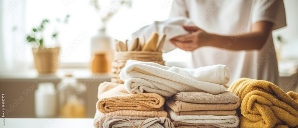 person happily rearranging freshly laundered and neatly folded linens and towels, with the focus on the organized linens and the blurred laundry room person happily rearranging freshly laundered and neatly folded linens and towels, with the focus on the organized linens and the blurred laundry room