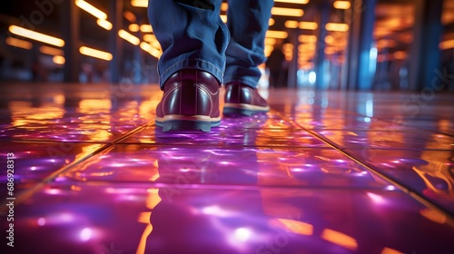 Neon Nightscape: Man Walking on Illuminated Street