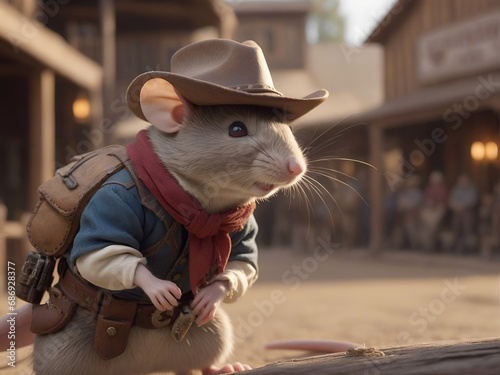escena de pelicula de un Raton vestido de sheriff en el lejano oeste con gorro