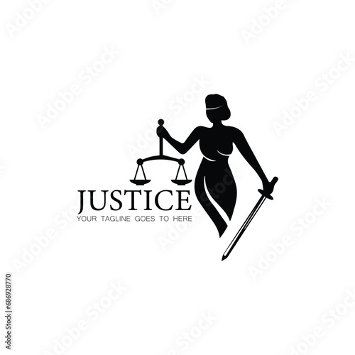 Women blindfolded take scale and sword lawyer logo design inspiration