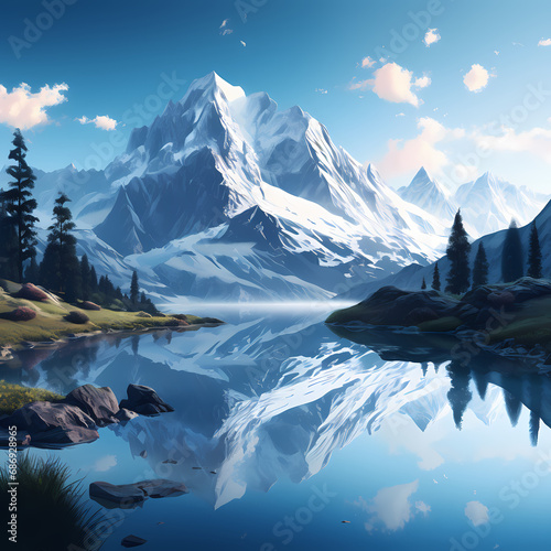 a serene mountain lake with a reflection of the surrounding peaks.