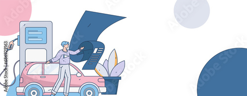 Vector internet operation hand-drawn illustration of people getting discounts for refueling the car
