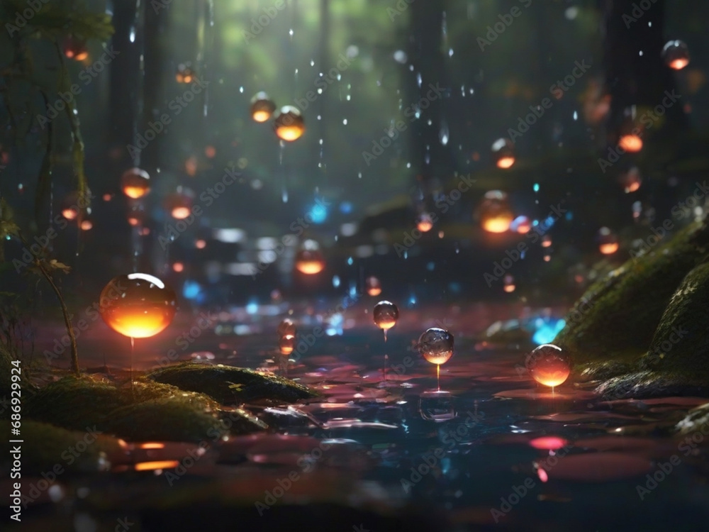 A vivid yet mesmerizing depiction of drops of orange and blue light descending through lush foliage