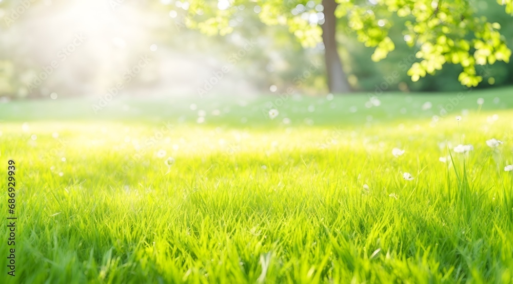 A warm spring garden background of green grass and blurred foliage with strong sunlight.
