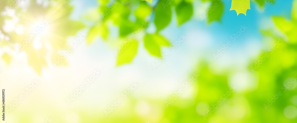 Blurred bokeh portrait background of fresh green spring, summer foliage of tree leaves with blue sky and sun flare. Illustration.
