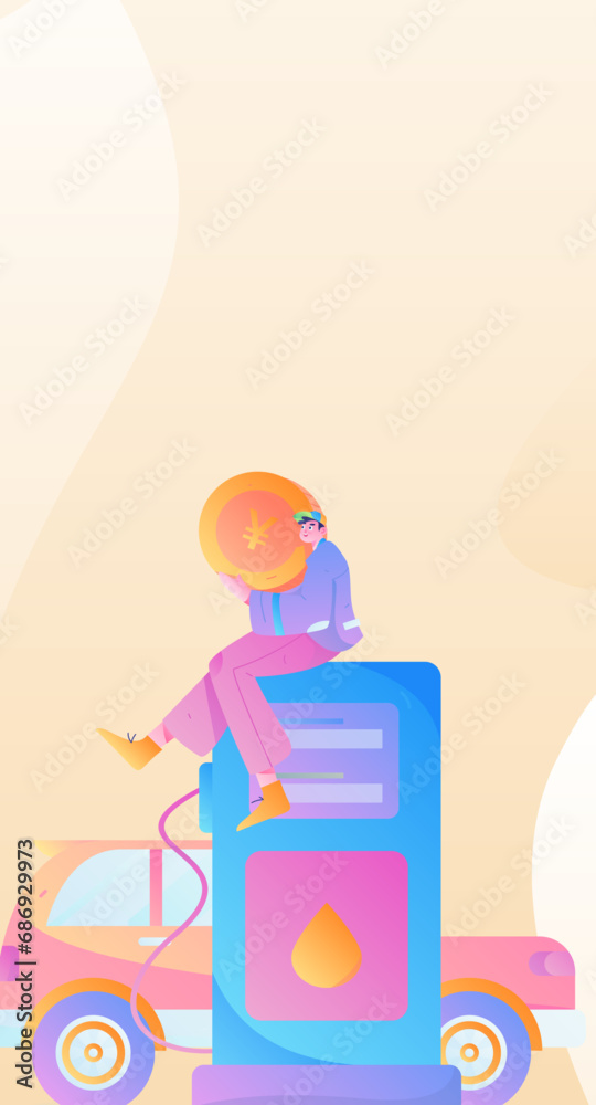 Vector internet operation hand-drawn illustration of people getting discounts for refueling the car
