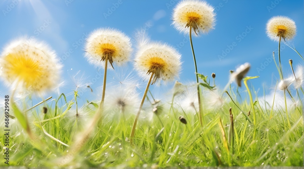 Dandelion weed seeds blowing across a spring, summer garden lawn with a bright sunny background Dandelion weed seeds blowing across a spring, summer garden lawn with a bright sunny background
