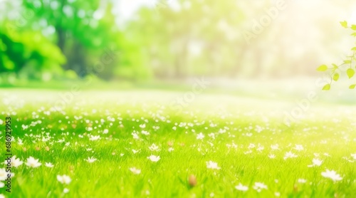 A warm spring garden background of green grass and blurred foliage with strong sunlight.