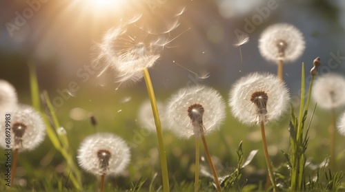 Dandelion weed seeds blowing across a spring  summer garden lawn with a bright sunny background