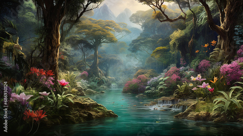 Serene Canopy Haven  Generative AI s Photorealistic View of a Tropical Rainforest - Generative AI