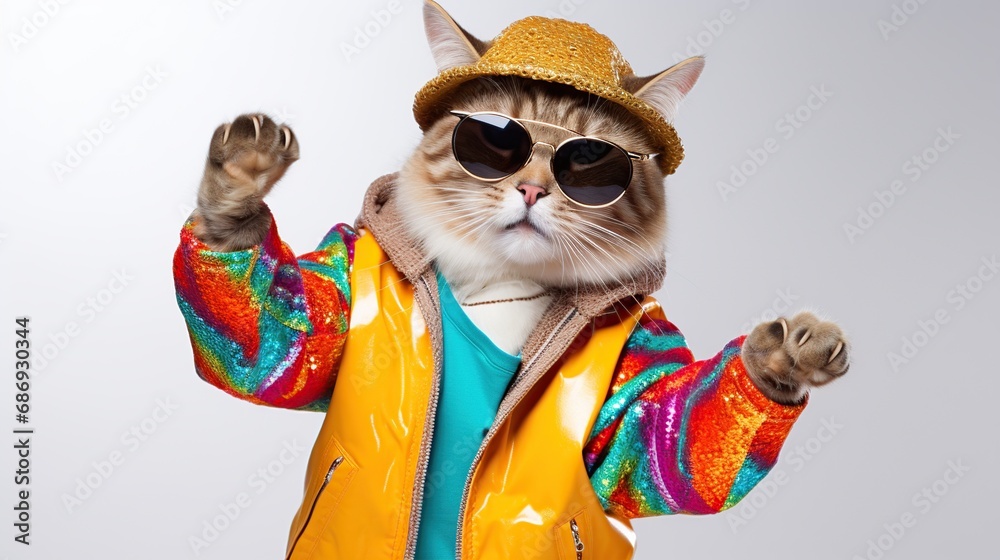 Playful cat dancing in colorful clothes with sunglasses