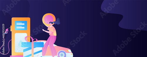 Vector internet operation hand-drawn illustration of people getting discounts for refueling the car
