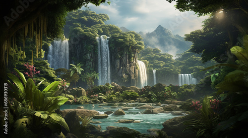 Tropical Rainforest with Dense Foliage and Cascading Waterfalls - Generative AI