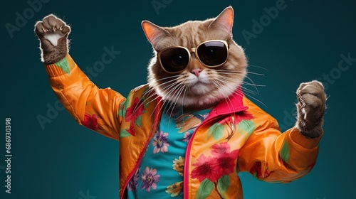 Playful cat dancing in colorful clothes with sunglasses