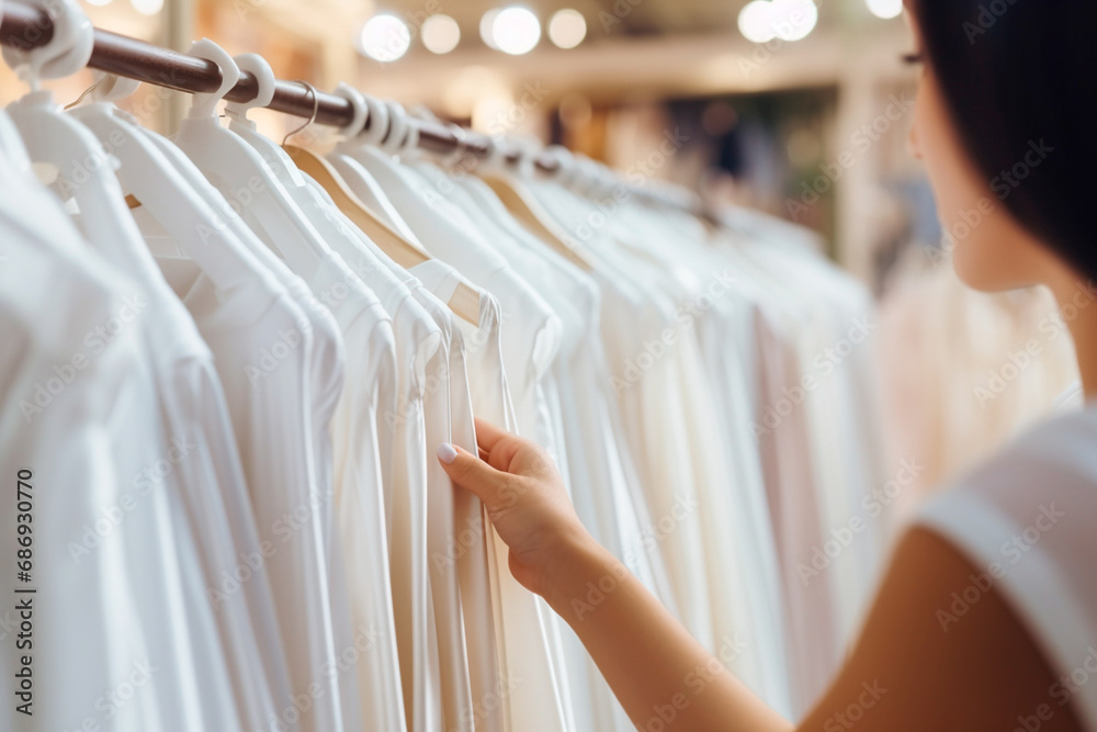 Excited woman, purchasing white clothes for the New Year's Eve party, looking forward to new beginnings. Excited woman, purchasing white clothes for the New Year's Eve party, looking forward to new beginnings.