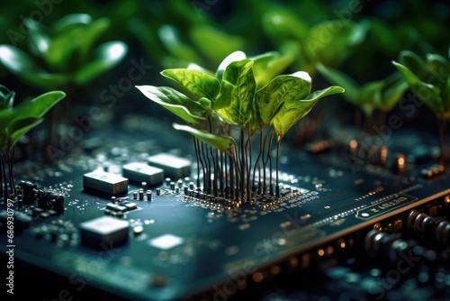 Fusion of nature and technology as a vibrant plant gracefully emerges from the intricate circuitry of a tech computer
