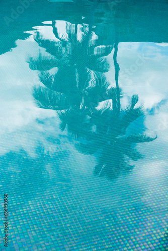 Beautiful blue palm tree reflection in a swimming pool ocean with cloud reflections