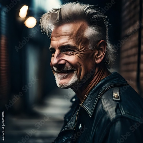 a happy senior man punk rock, punk rocker smiling in an alley