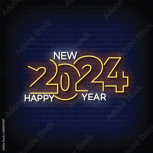Neon Sign happy new year 2024 with brick wall background vector